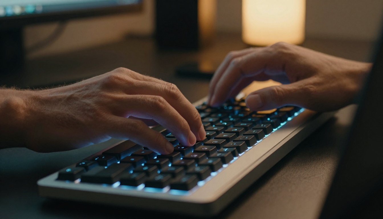 Close-up of hands typing on a backlit mechanical keyboard at a dark desk