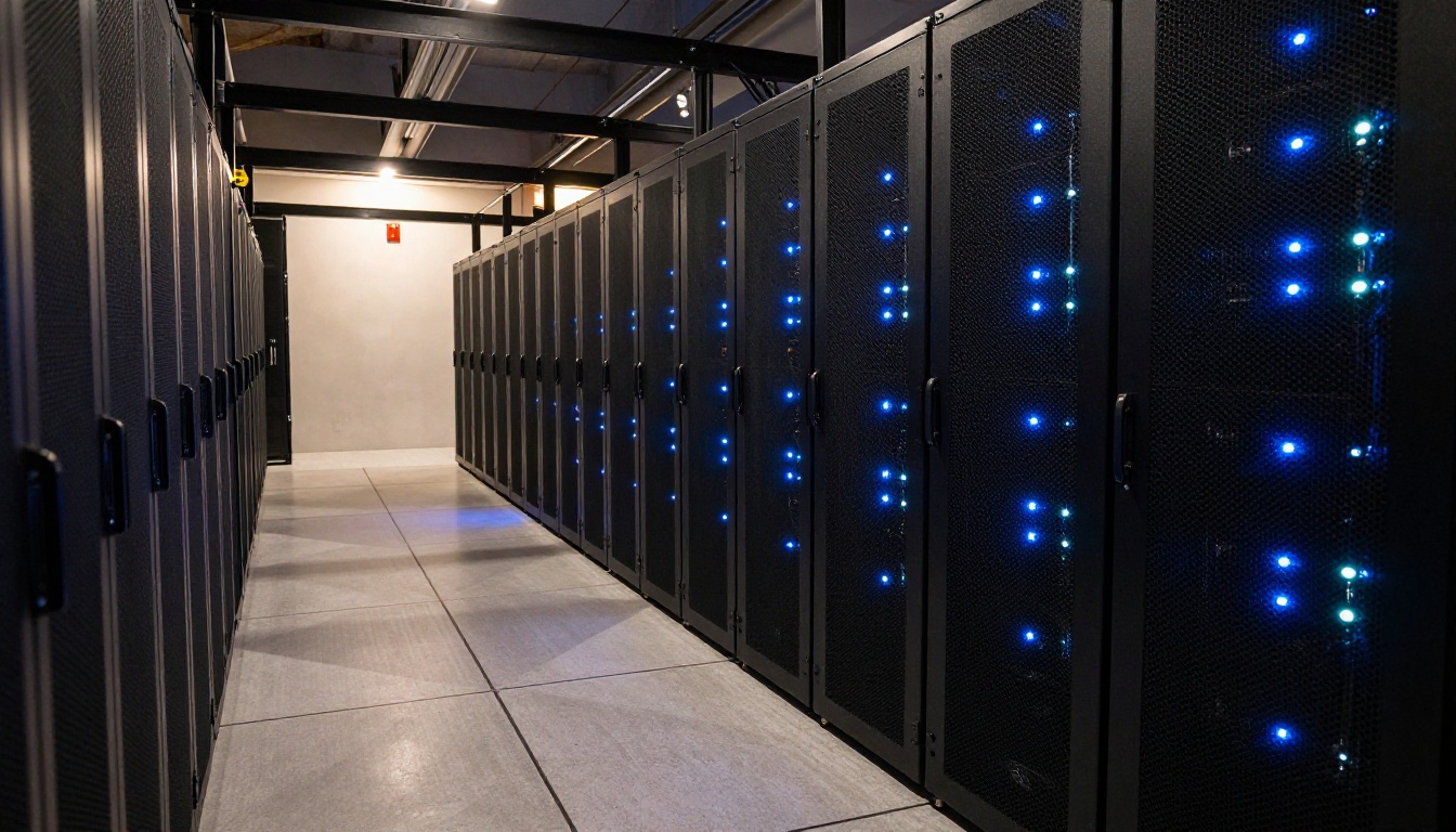 Wide server room corridor with rows of LED server racks reflecting overhead lighting
