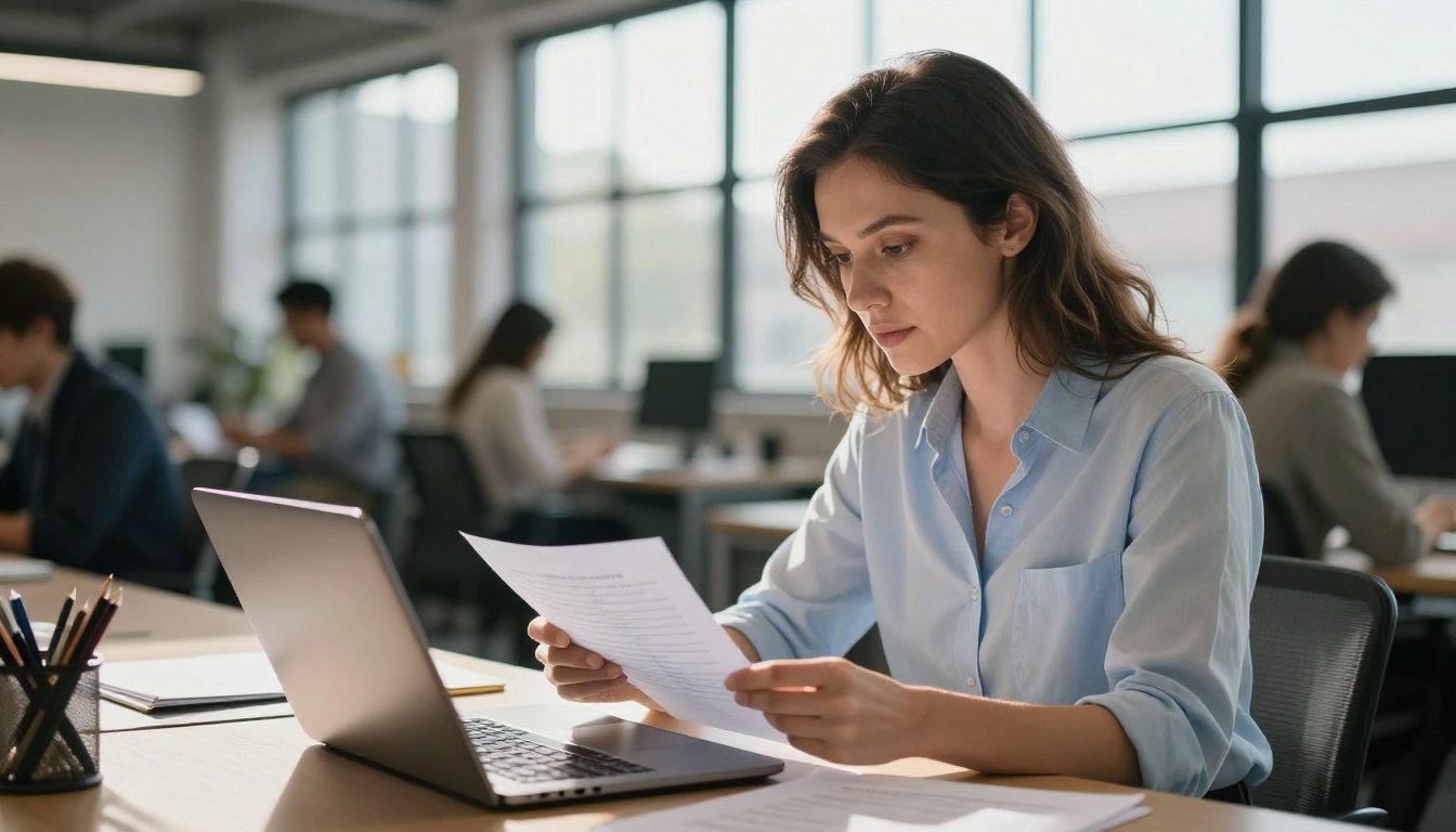 Woman at co-working space reviewing printed benchmark results next to an open laptop
