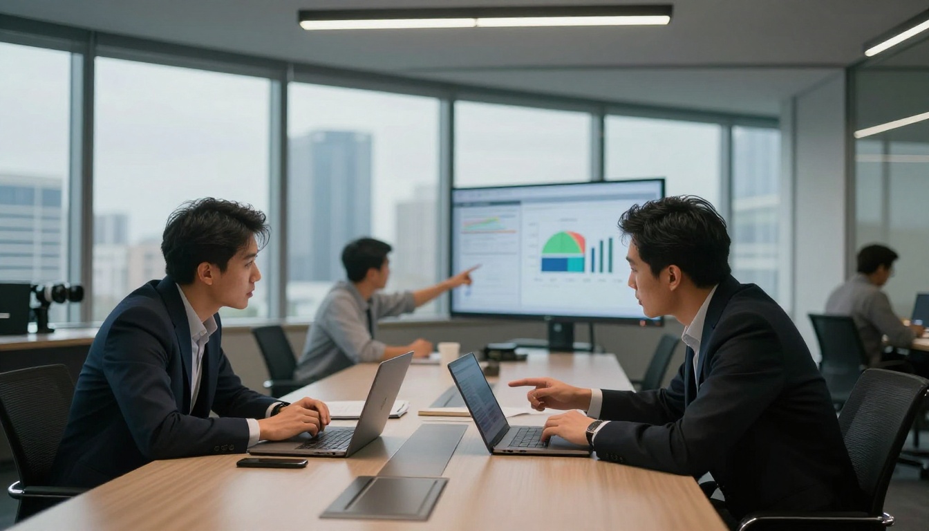 Two professionals discussing AI results across a conference table with performance charts visible