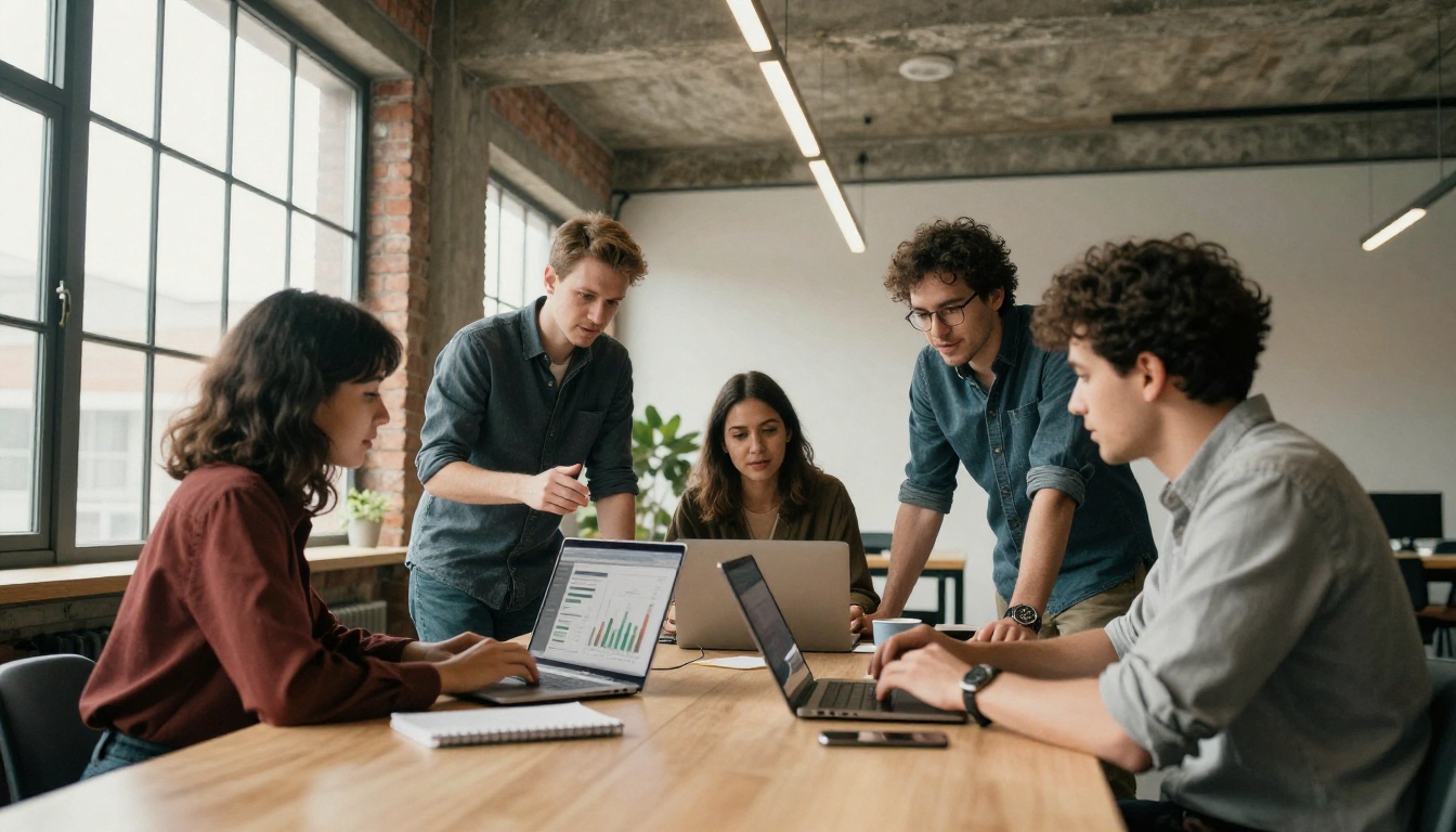 Developers discussing AI model selection around a shared laptop in a co-working space