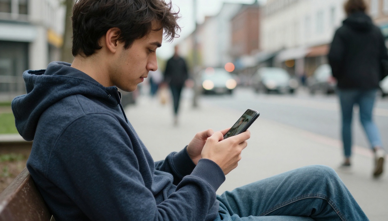 Man watching video playback on smartphone outdoors