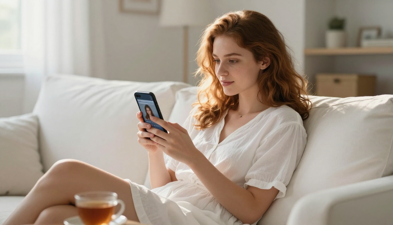 Beautiful woman reviewing AI-generated images on her phone in a bright living room