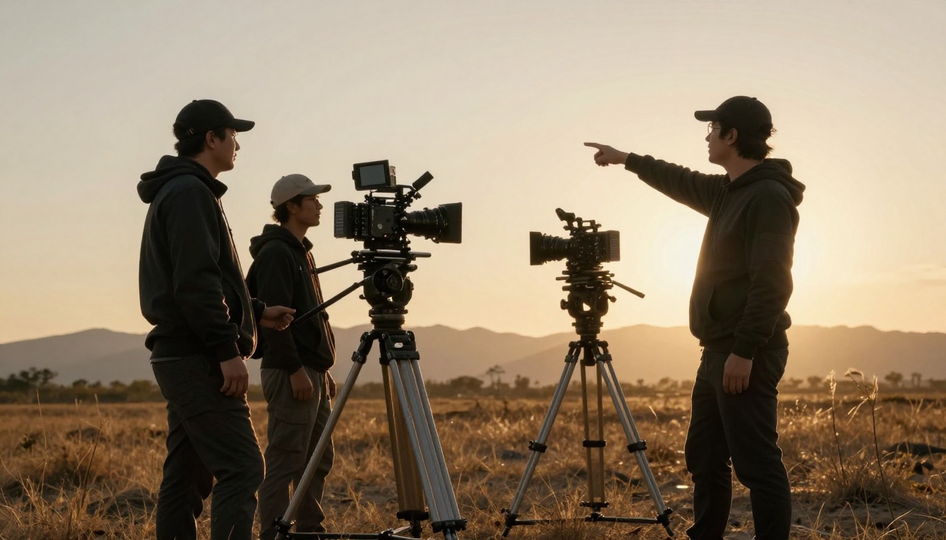 Film production crew shooting at golden hour in field