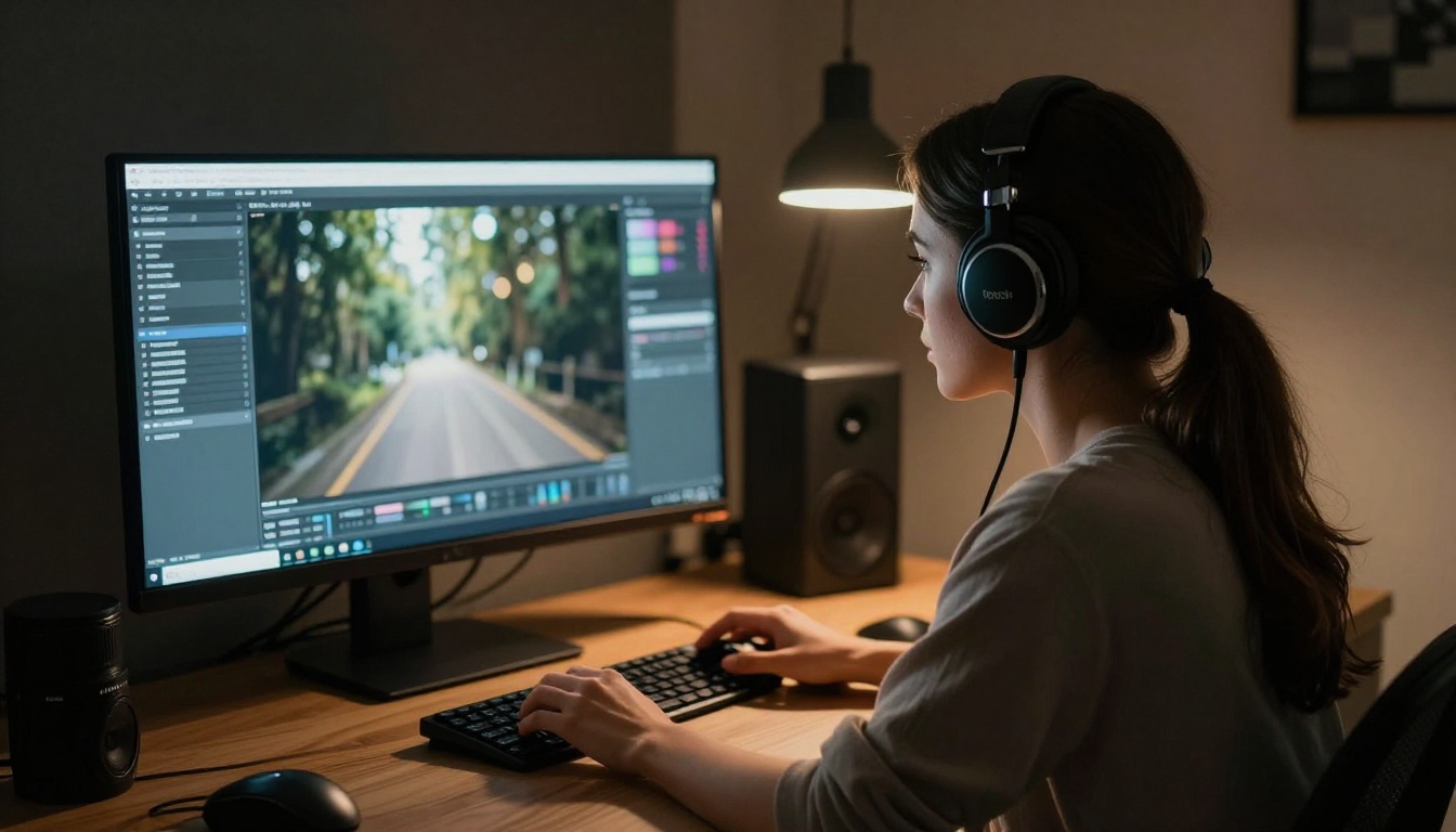 Female content creator with headphones at night workstation
