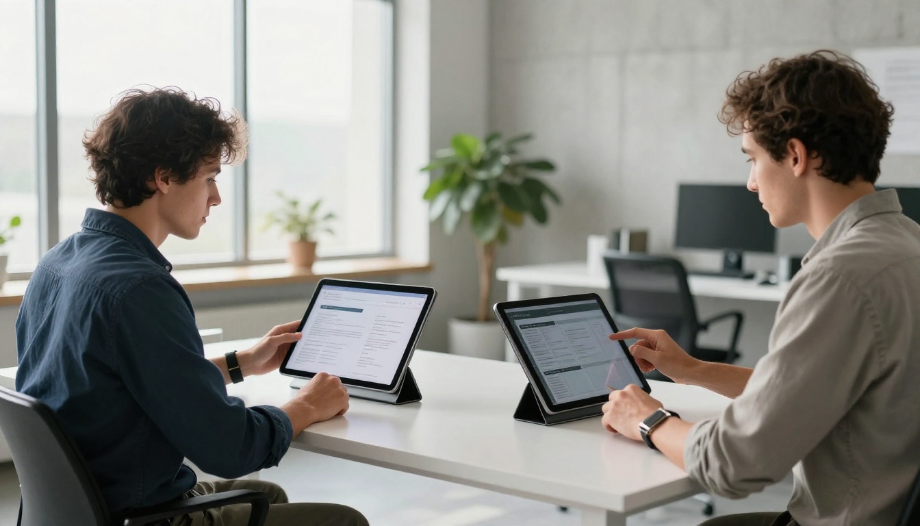 Two professionals comparing work on large tablets in modern office