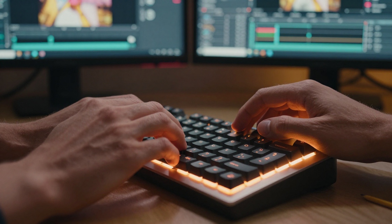 Close-up of hands on mechanical keyboard with dual video editing monitors in warm rim light Close-up of hands on mechanical keyboard with dual video editing monitors in warm rim light