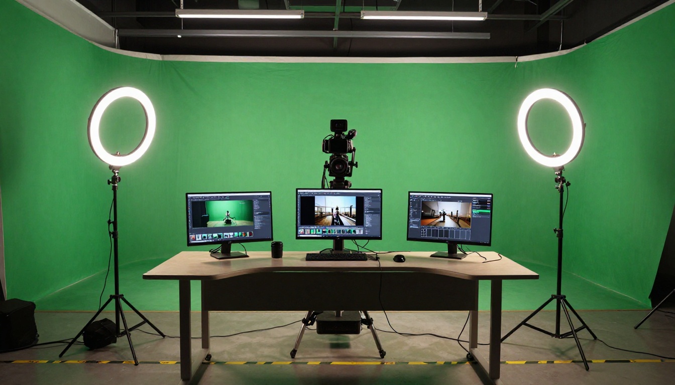 Professional content creation studio with ring lights and multiple AI video output monitors Professional content creation studio with ring lights and multiple AI video output monitors