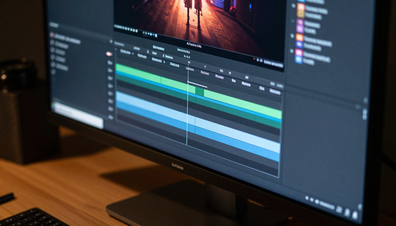 Ultra-wide curved monitor showing AI video production timeline with generation layers Ultra-wide curved monitor showing AI video production timeline with generation layers
