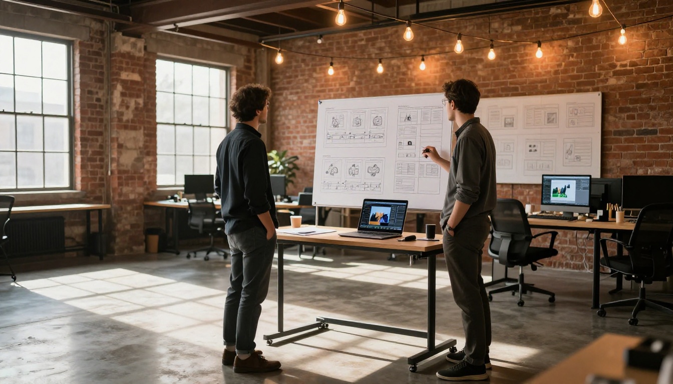 Two video producers reviewing storyboards together in an industrial loft studio with Edison bulb lighting Two video producers reviewing storyboards together in an industrial loft studio with Edison bulb lighting