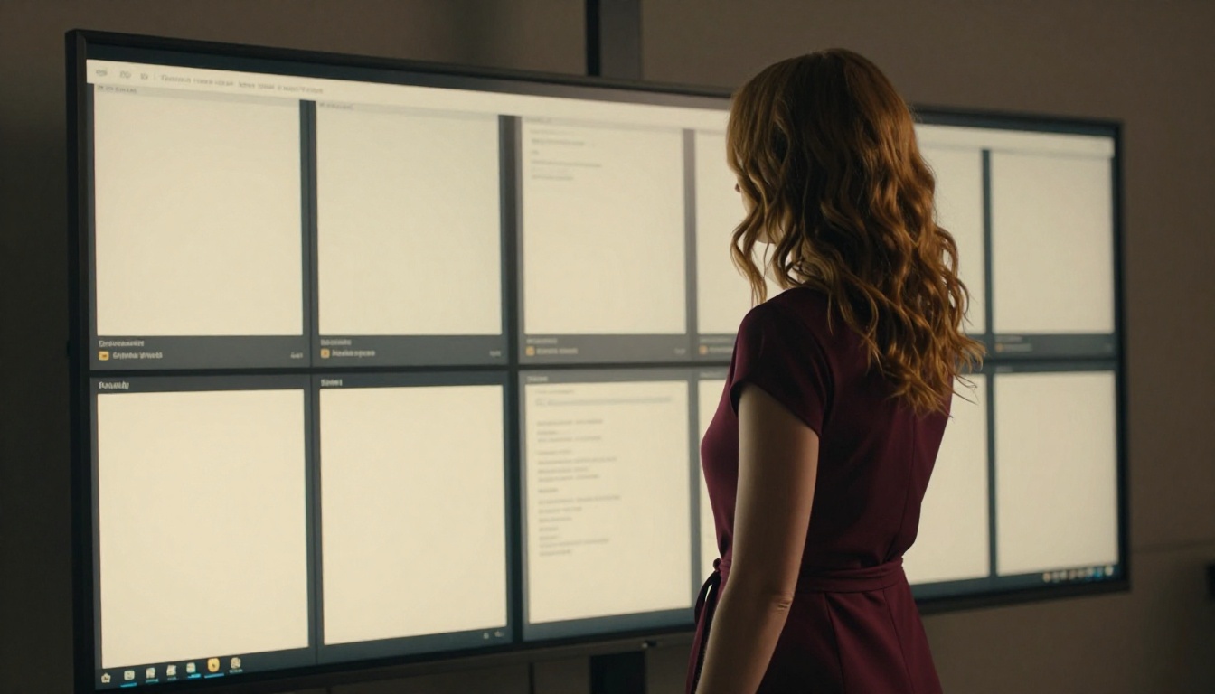 A woman with wavy hair in a burgundy dress interacting with a creative studio touchscreen A woman with wavy hair in a burgundy dress interacting with a creative studio touchscreen