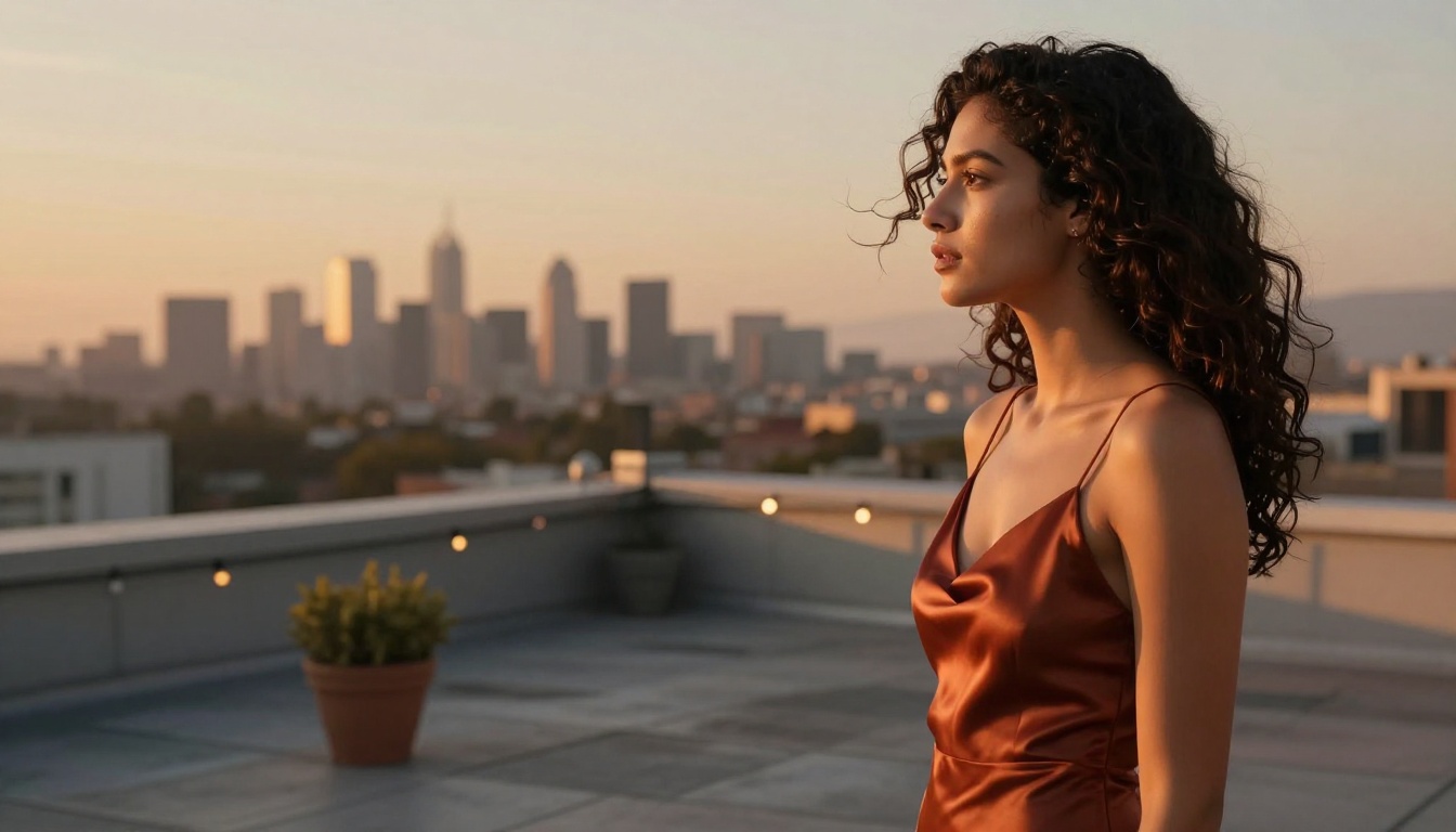 Woman in rust satin dress on rooftop at golden hour Woman in rust satin dress on rooftop at golden hour
