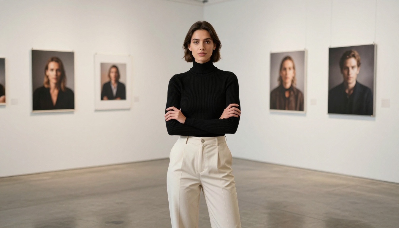 Woman in minimalist art studio surrounded by gallery portrait prints Woman in minimalist art studio surrounded by gallery portrait prints