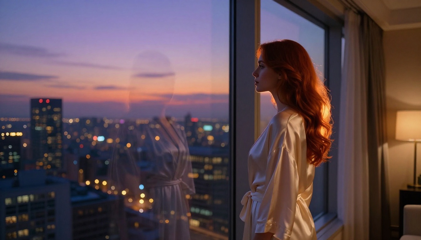 Woman in silk robe at window overlooking city at dusk