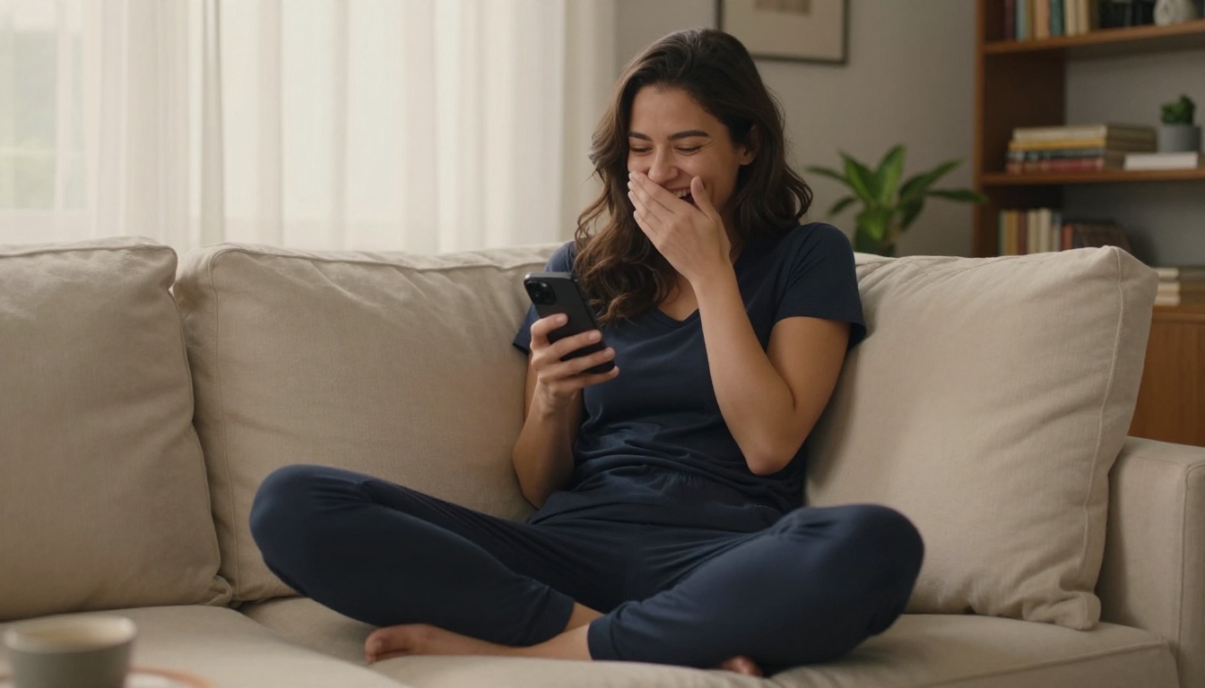 Woman laughing at her phone on a cozy sofa