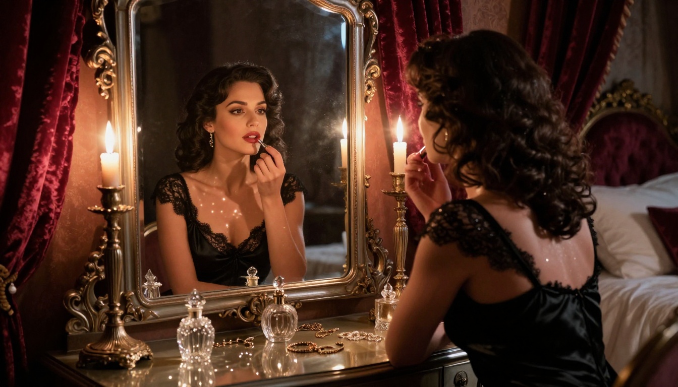 Woman at antique vanity mirror with candlelight