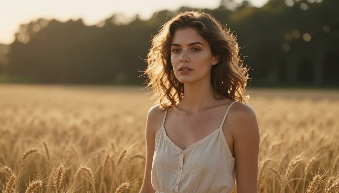 Golden hour portrait of woman in wheat field, warm backlight, 85mm lens, Kodak Portra 400