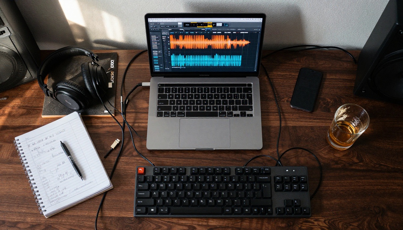 Overhead view of a music producer's desk with DAW, MIDI controller, notebooks, and equipment