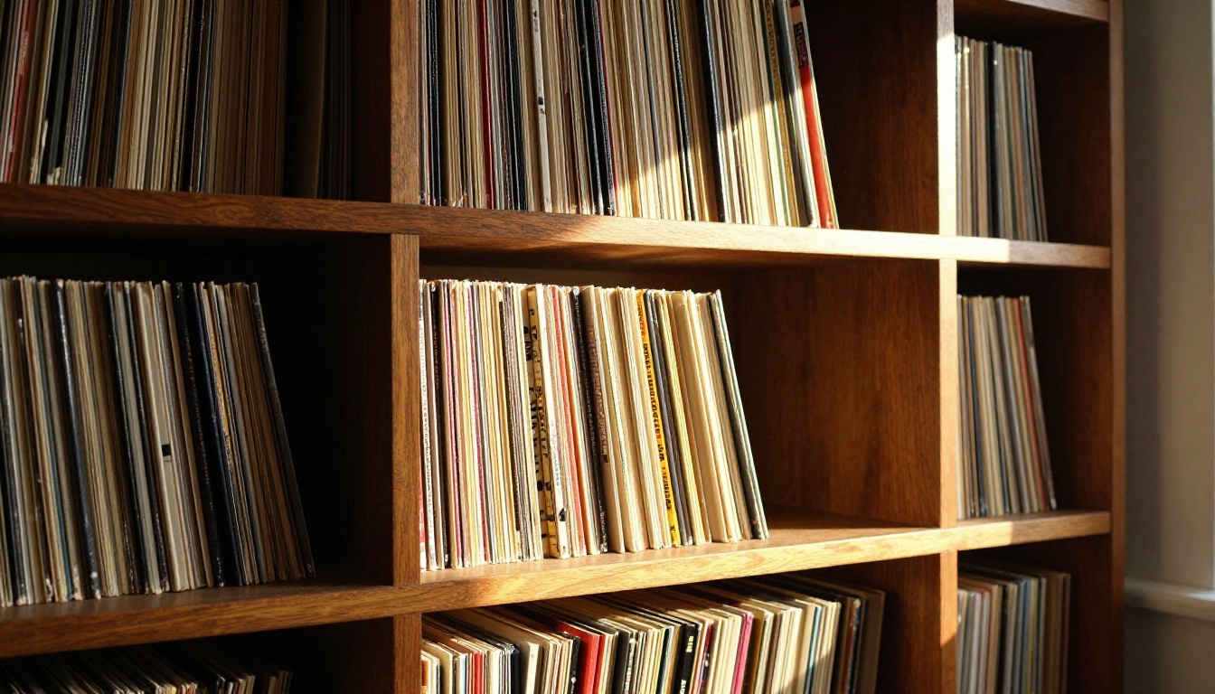 Vinyl record collection on wooden shelves bathed in warm afternoon sunlight