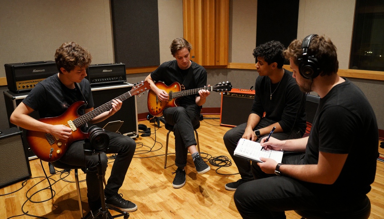 Three musicians collaborating in a professional recording session