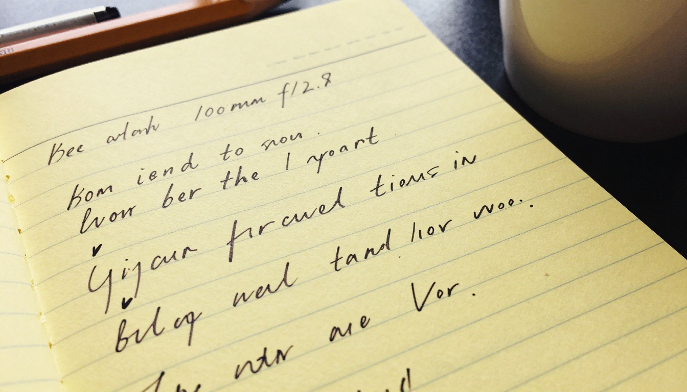 Handwritten lyrics on a yellow legal pad with pen and coffee cup