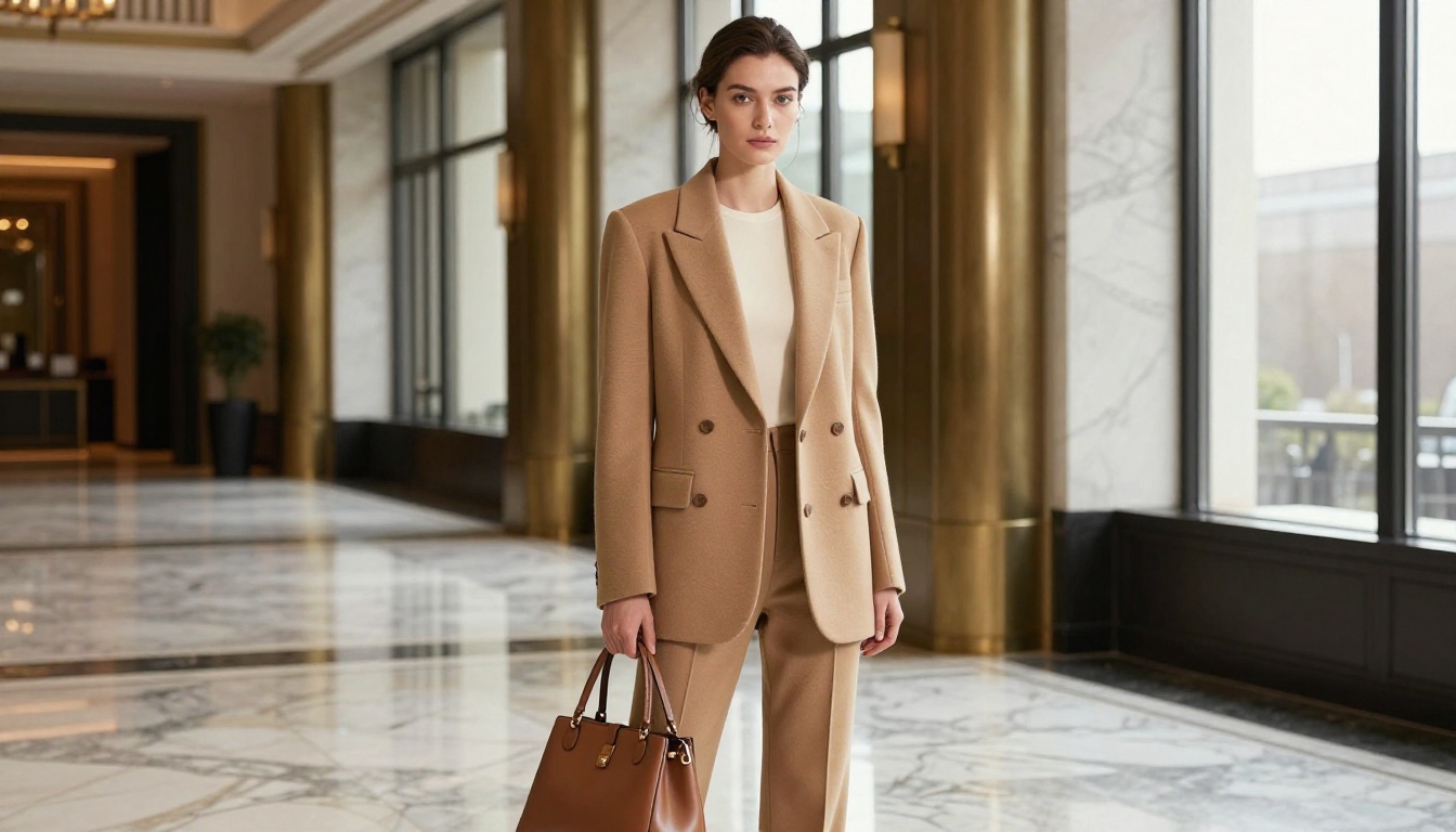 High-fashion editorial portrait of a confident woman in a camel blazer standing in a luxury hotel lobby High-fashion editorial portrait of a confident woman in a camel blazer standing in a luxury hotel lobby