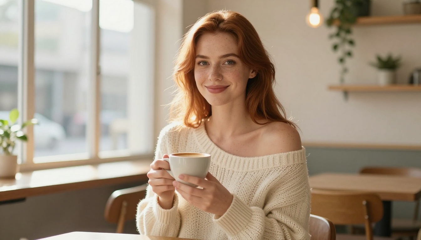 Photorealistic portrait of a beautiful woman with auburn hair smiling in a bright minimalist café Photorealistic portrait of a beautiful woman with auburn hair smiling in a bright minimalist café