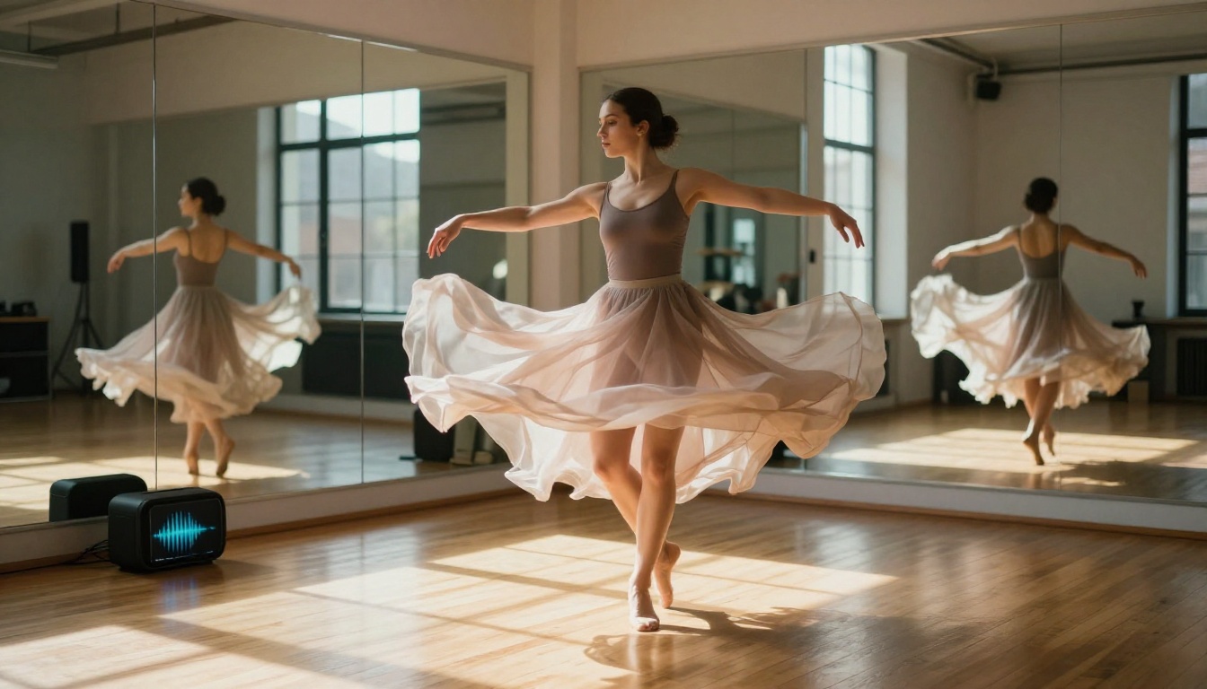 A dancer in a sheer skirt captured mid-spin in a moody studio, sunlight casting shadow bars across the hardwood floor A dancer in a sheer skirt captured mid-spin in a moody studio, sunlight casting shadow bars across the hardwood floor