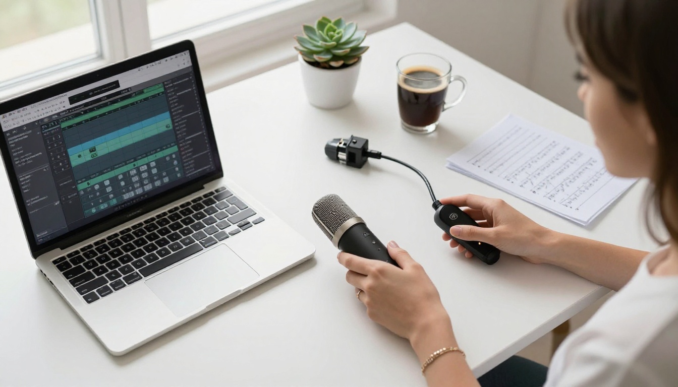 A minimal desk setup with a laptop showing an audio interface, a condenser microphone, and a woman's hands with delicate jewelry A minimal desk setup with a laptop showing an audio interface, a condenser microphone, and a woman's hands with delicate jewelry