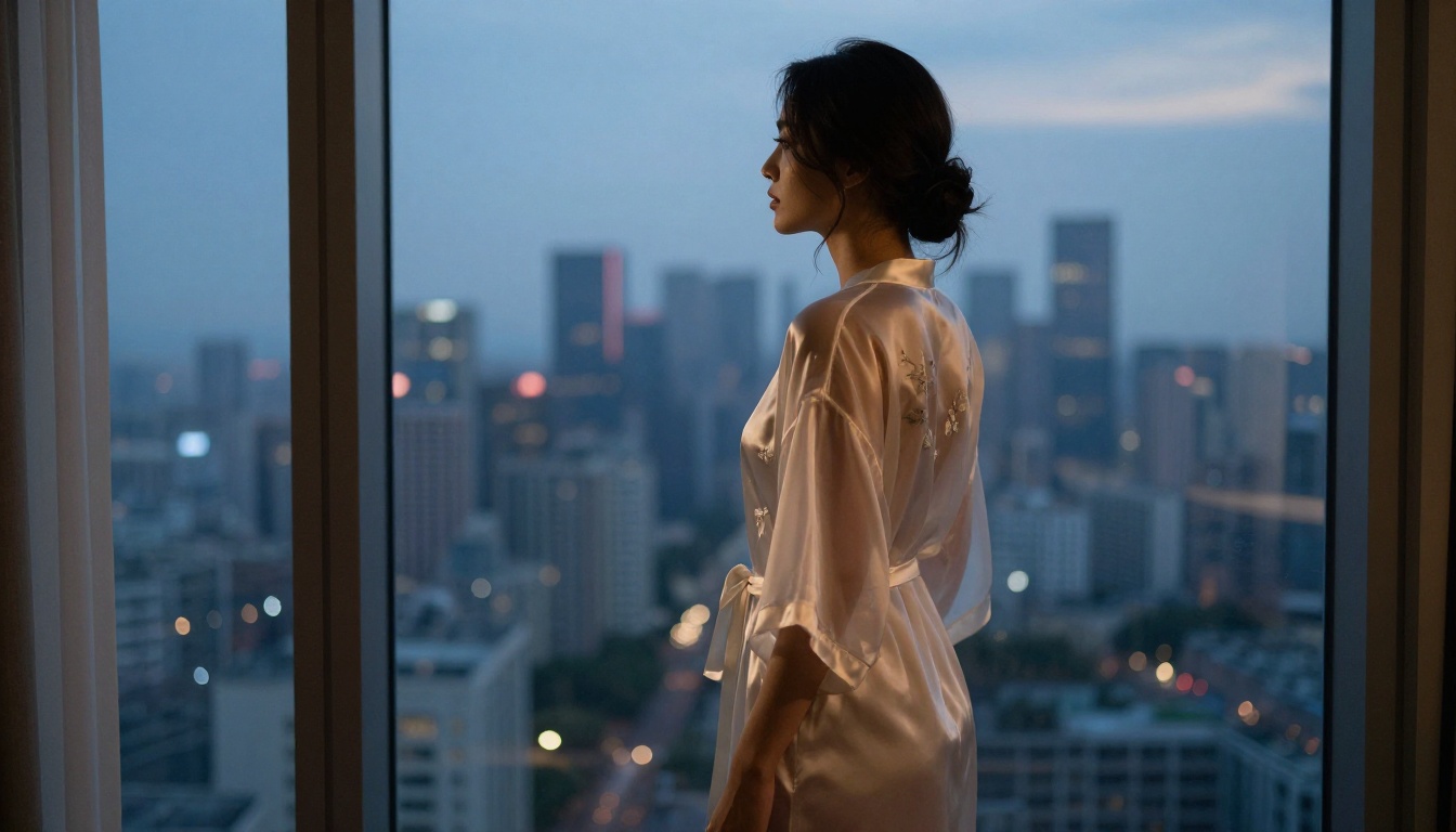 Woman in sheer robe standing by hotel window at dusk, city skyline bokeh background, moody editorial photography Woman in sheer robe standing by hotel window at dusk, city skyline bokeh background, moody editorial photography