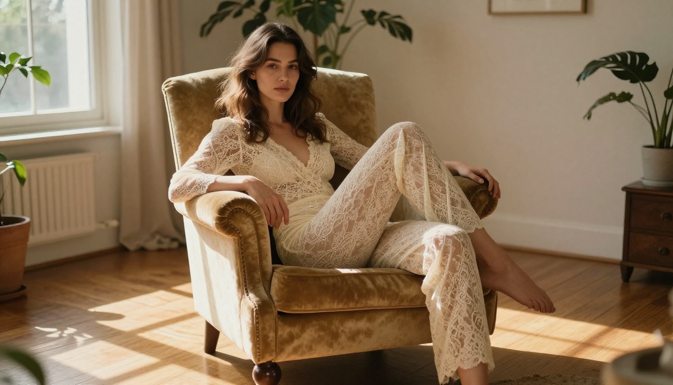 Woman in cream lace bodysuit in sunlit bohemian apartment, morning golden light, lifestyle editorial photography Woman in cream lace bodysuit in sunlit bohemian apartment, morning golden light, lifestyle editorial photography
