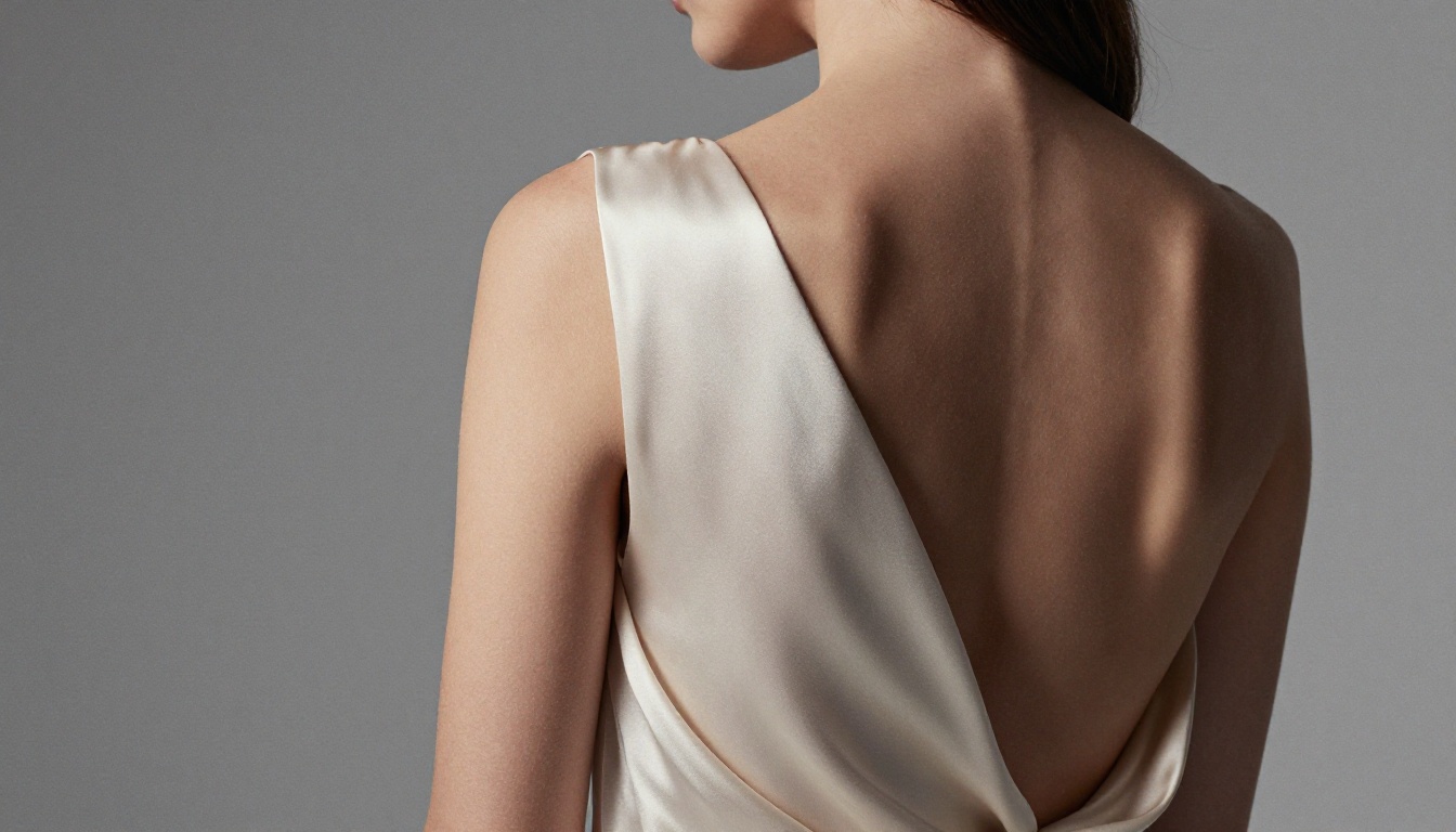 Close-up of woman's back in backless silk evening gown, studio lighting, photorealistic luxury fashion photography Close-up of woman's back in backless silk evening gown, studio lighting, photorealistic luxury fashion photography