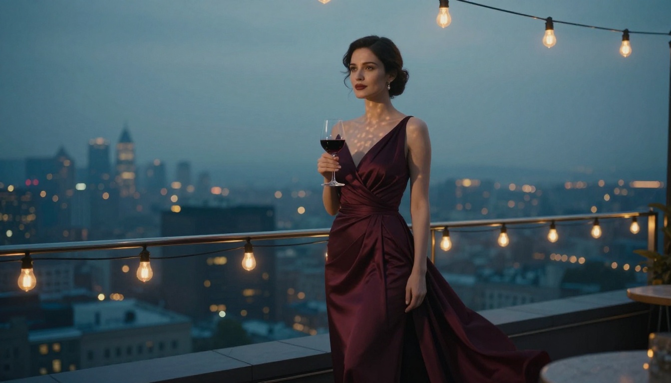 Elegant woman in evening gown at rooftop bar, twilight