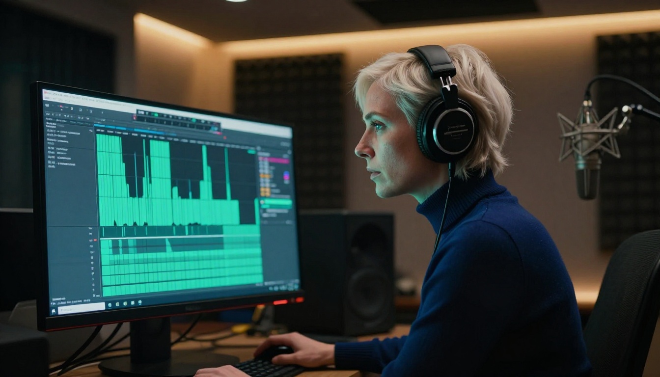 Woman with headphones working in professional recording studio, side profile Woman with headphones working in professional recording studio, side profile