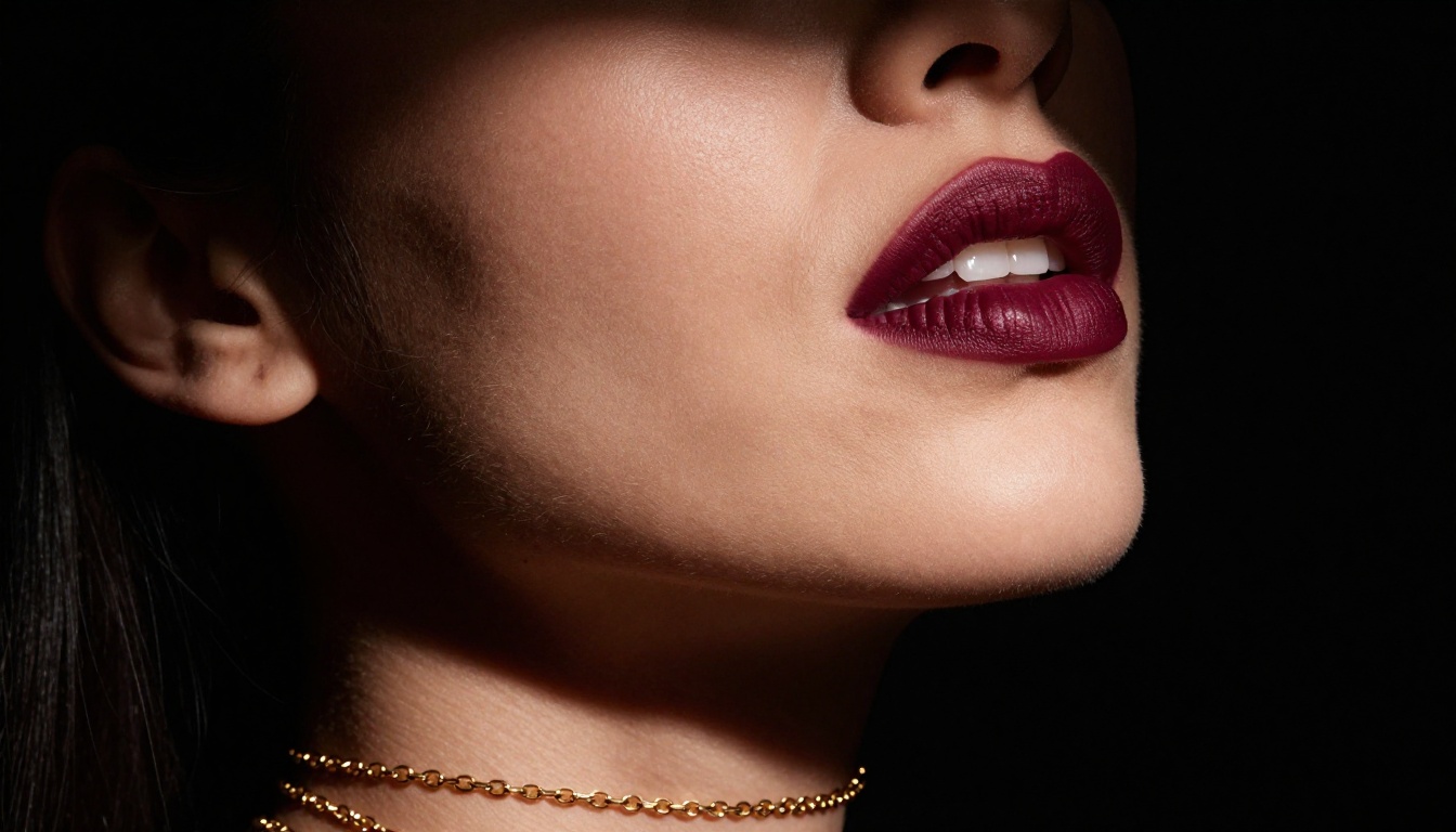 Dramatic close-up portrait of woman's neck and lips, golden jewelry, black background Dramatic close-up portrait of woman's neck and lips, golden jewelry, black background