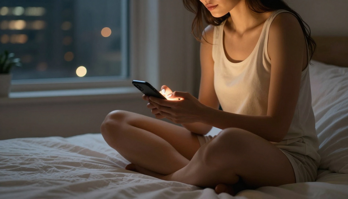 Attractive woman in a dimly lit bedroom with wireless earbuds and a smartphone Attractive woman in a dimly lit bedroom with wireless earbuds and a smartphone