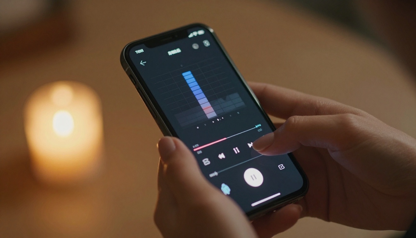 Close-up of a smartphone screen displaying an audio player with earphones held in manicured hands Close-up of a smartphone screen displaying an audio player with earphones held in manicured hands