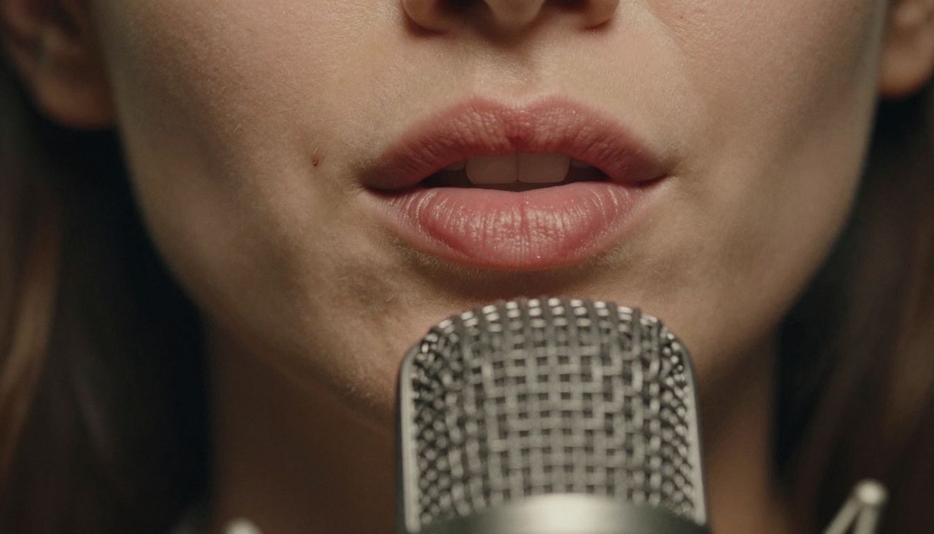 Close-up of lips near a vintage ribbon microphone in a professional studio Close-up of lips near a vintage ribbon microphone in a professional studio
