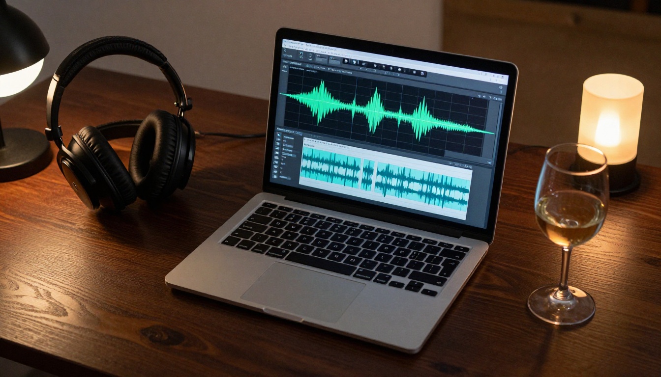 Overhead shot of a laptop with audio production software, headphones and wine glass beside it Overhead shot of a laptop with audio production software, headphones and wine glass beside it