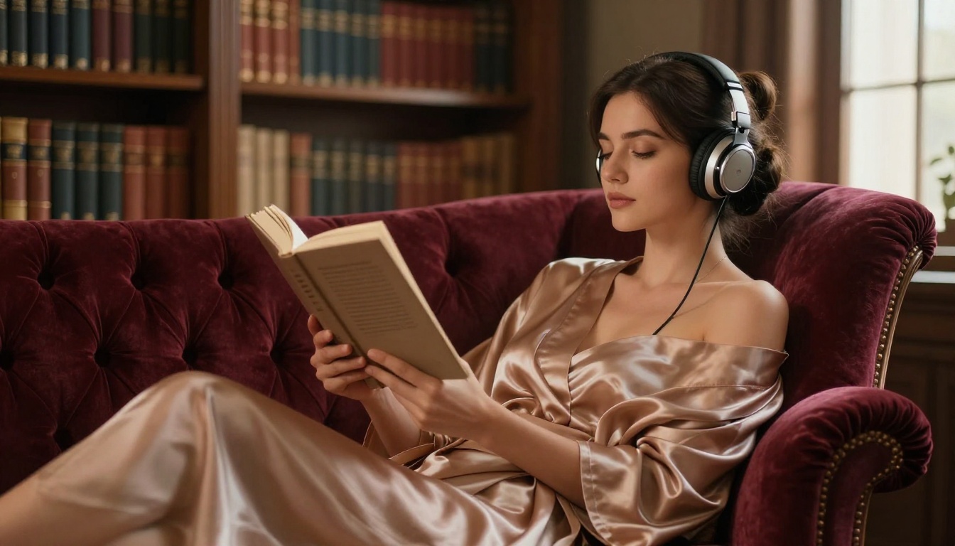 Elegant woman with headphones reading a book on a velvet chaise in a warmly lit library Elegant woman with headphones reading a book on a velvet chaise in a warmly lit library
