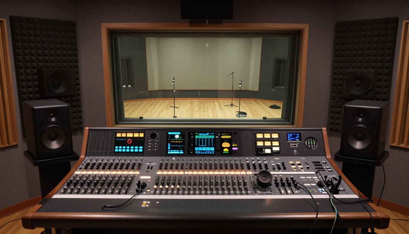 Professional broadcast recording studio control room with mixing console Professional broadcast recording studio control room with mixing console