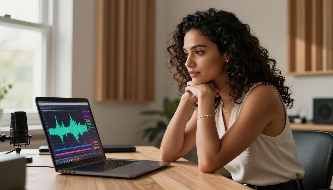 Confident woman at desk with audio waveforms on laptop screen in morning light Confident woman at desk with audio waveforms on laptop screen in morning light