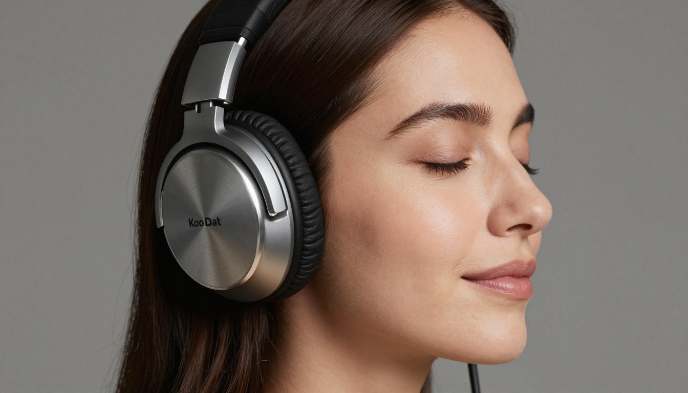 Woman wearing premium studio headphones with serene expression in soft studio light Woman wearing premium studio headphones with serene expression in soft studio light