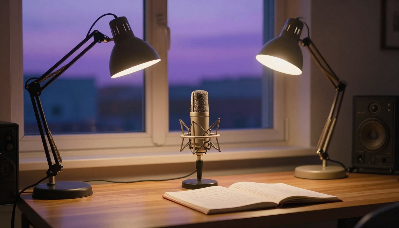 Minimalist home recording desk at dusk with microphone and handwritten script Minimalist home recording desk at dusk with microphone and handwritten script