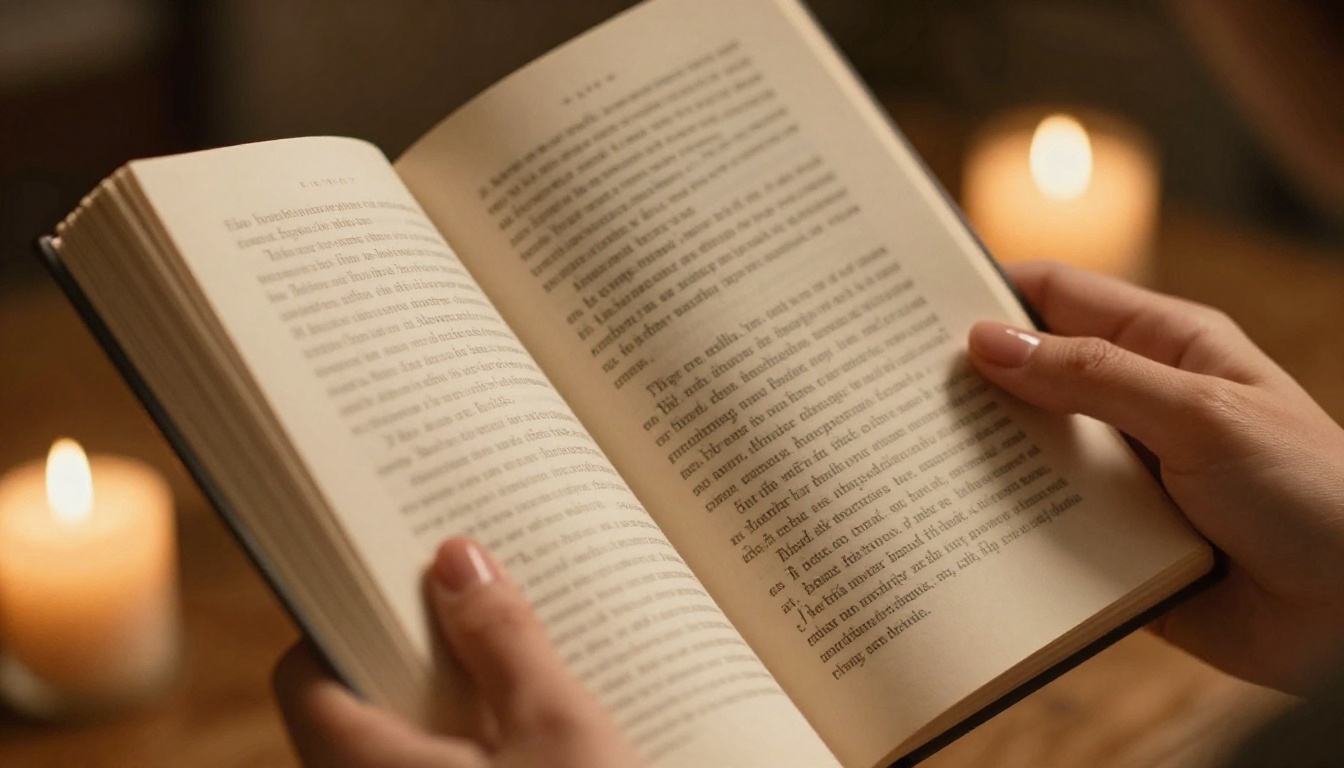 Close-up of hands holding an open paperback romance novel with candle light on pages Close-up of hands holding an open paperback romance novel with candle light on pages