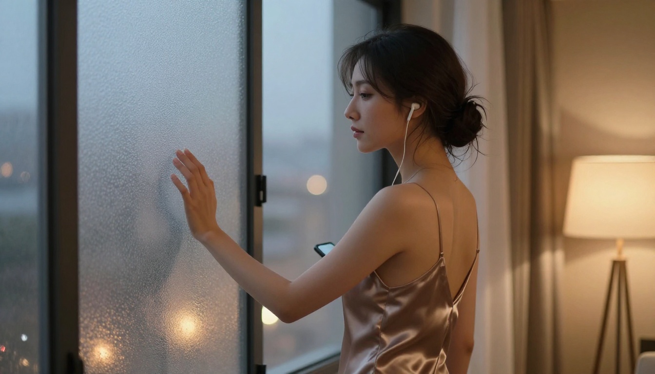 Woman in satin slip dress at evening window with earbuds and city lights bokeh Woman in satin slip dress at evening window with earbuds and city lights bokeh