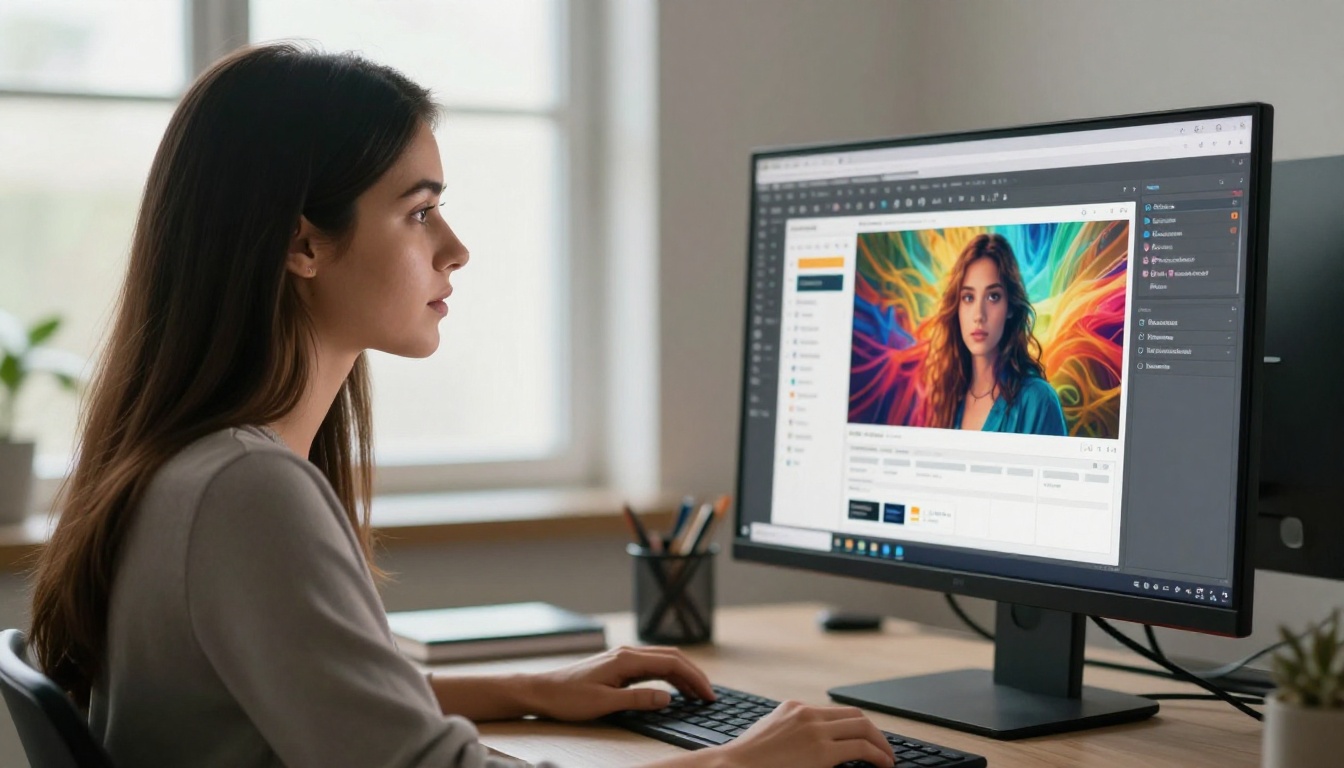 Beautiful brunette woman at modern computer workstation using creative AI platform, natural window light Beautiful brunette woman at modern computer workstation using creative AI platform, natural window light