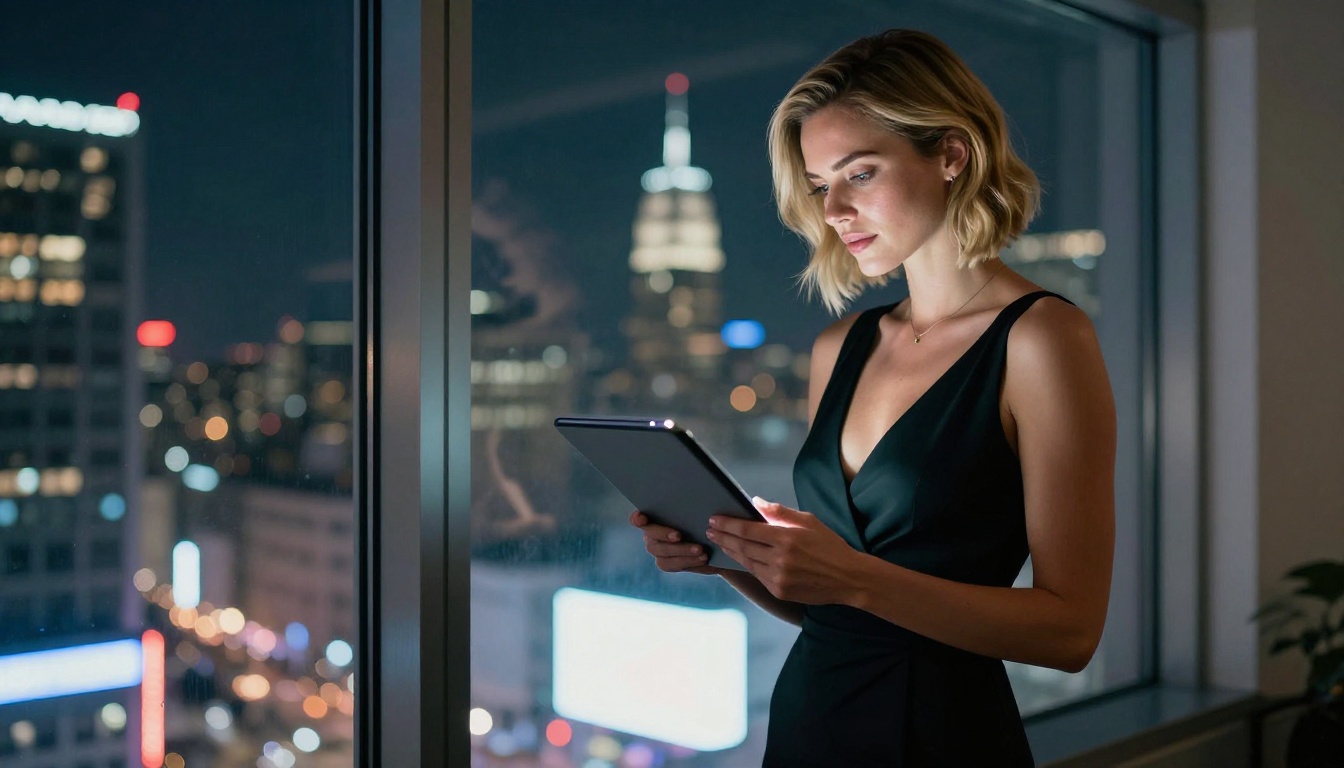 Attractive blonde woman in elegant black dress holding tablet against city night window, bokeh city lights Attractive blonde woman in elegant black dress holding tablet against city night window, bokeh city lights