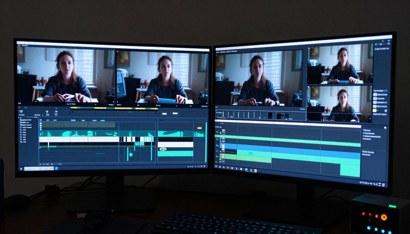 Professional filmmaker reviewing high-quality video footage in darkened color-grading suite, blue monitor glow, 8K