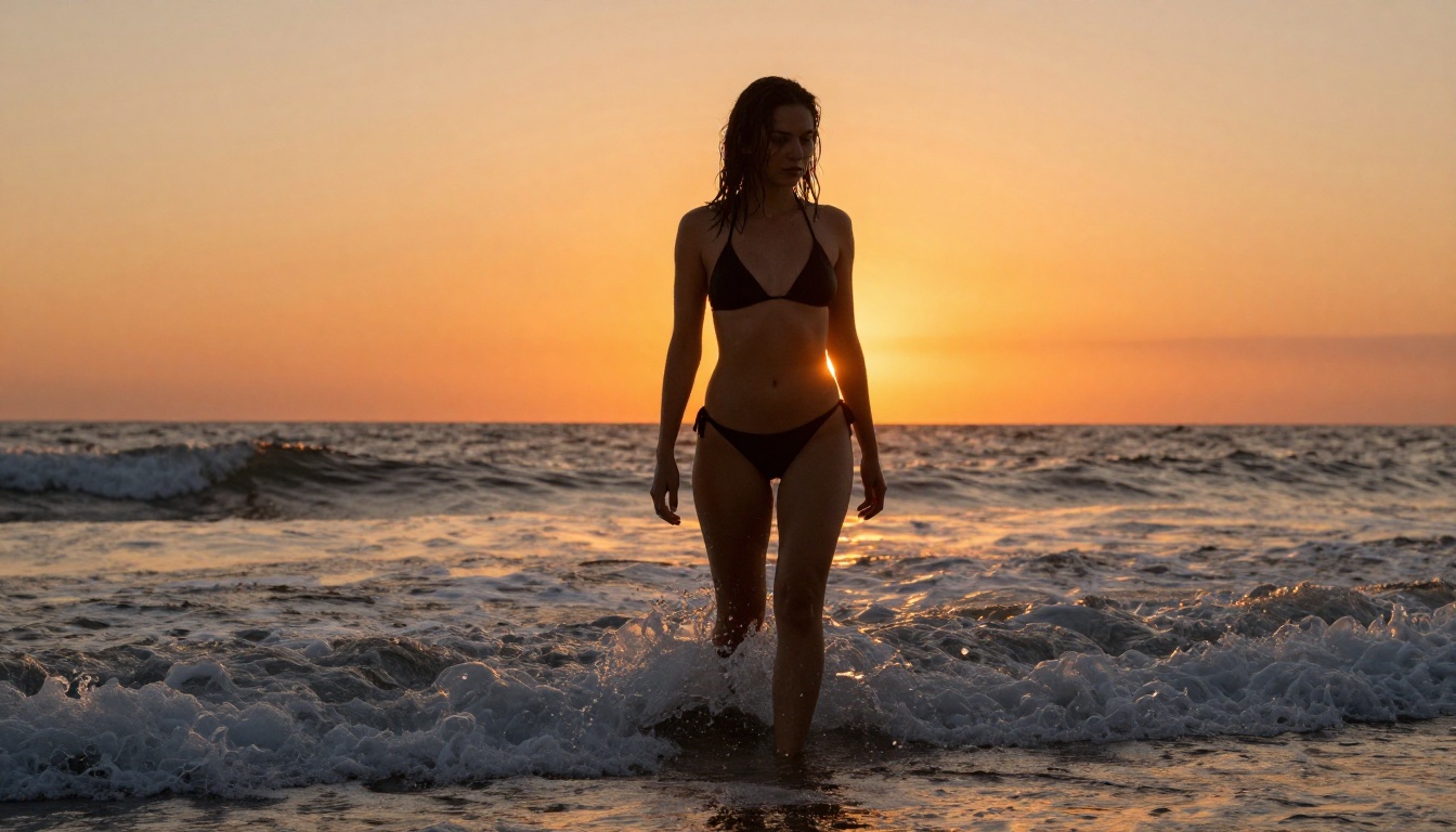 Confident woman in black bikini standing in ocean waves at sunset, golden light, 35mm f/2.0, Kodak Portra 400
